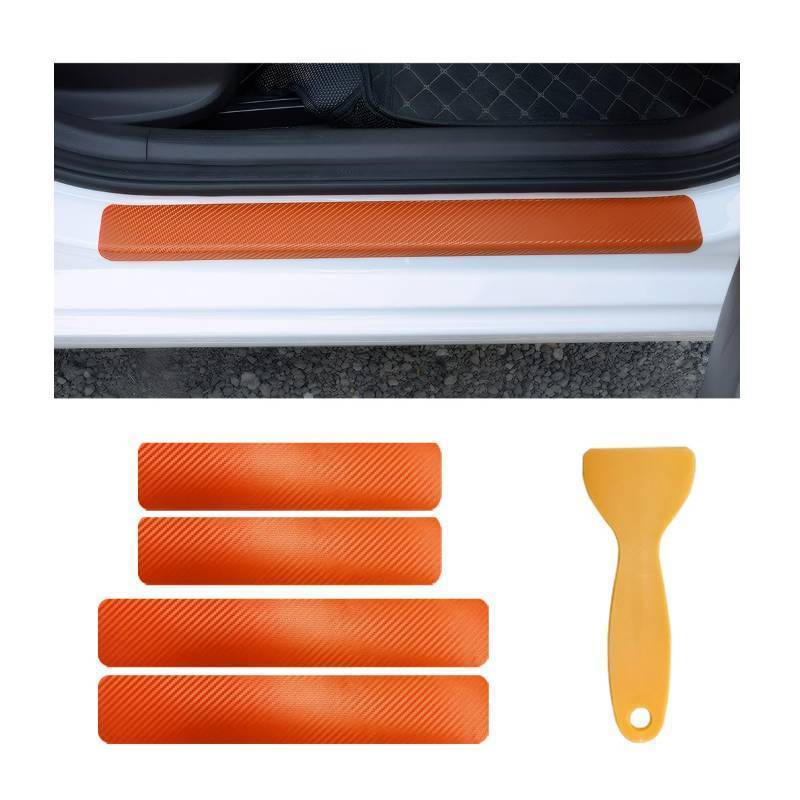 lot 15840 image: 4 PCS Car Door Sill Protector, Anti-Scratch 3D Carbon Fiber Textured Door Threshold Protection Sticker, Door Entry Edge Guards Cover Strips for Most Vehicle, Car Accessories (Orange) - Retail $5