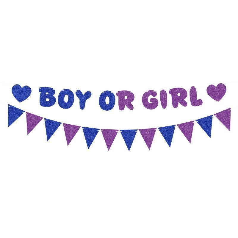 lot 15864 image: Pre-Strung Boy or Girl Banner - Royal Blue and Purple Glitter Gender Reveal Party Decorations - He or She Party Decor for Baby Shower Photo Booth Props - Retail $13