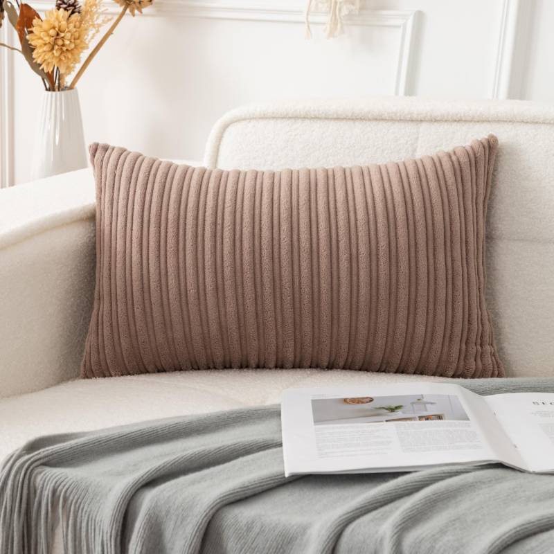 lot 15897 image: UGASA Soft Velvet Stripe Decorative Lumbar Pillow Cover 1 Pack Solid Corduroy Textured Euro Oblong Cushion Case for Couch Bedroom Sofa Farmhouse, 12x20 Inch, Light Brown - Retail $10