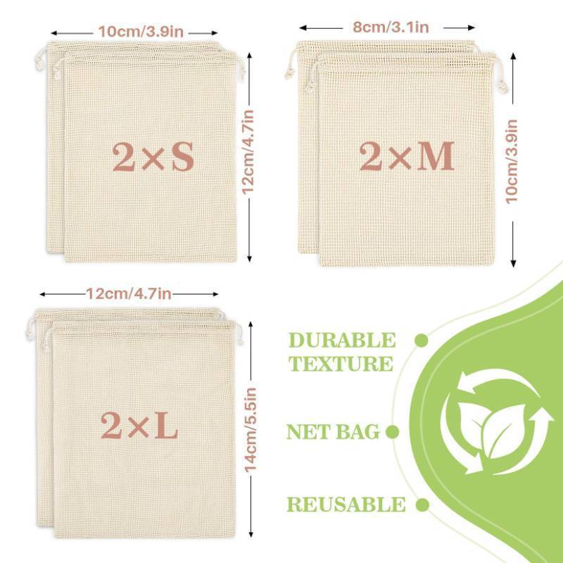 lot 15905 image: 3 Pack Reusable Produce Bags Cotton Mesh Produce Bags Mesh Storage Produce Bags Reusable Durable Double Stitched With Drawstring Produce Bag For Vegetables, Fruit & Grocery Shopping (only 2small ,1 med)  - Retail $8