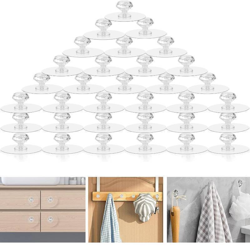 lot 25821 image: 50pcs Stick on Knobs for Cabinets and Drawers, Small Knobs for Jewelry Box, Self Adhesive Cabinet Pulls Plastic Handles for Boxes, Peel and Stick Cabinet Handles Clear Acrylic Drawer Pulls - Retail $13
