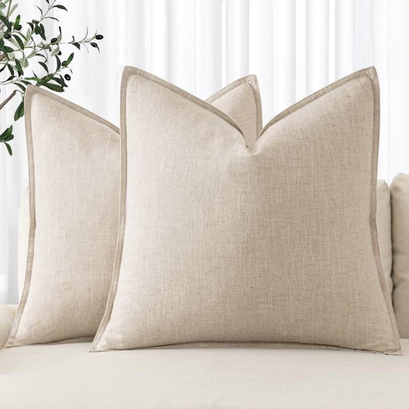 lot 25879 image: Decorative Linen Euro Sham Pillow Covers 24x24 Natural Beige Boho Farmhouse Neutral Couch Throw Pillows for Bed Pack of 2 Accent Modern Pillowcase Sofa Livingroom Home Decor - Retail $19