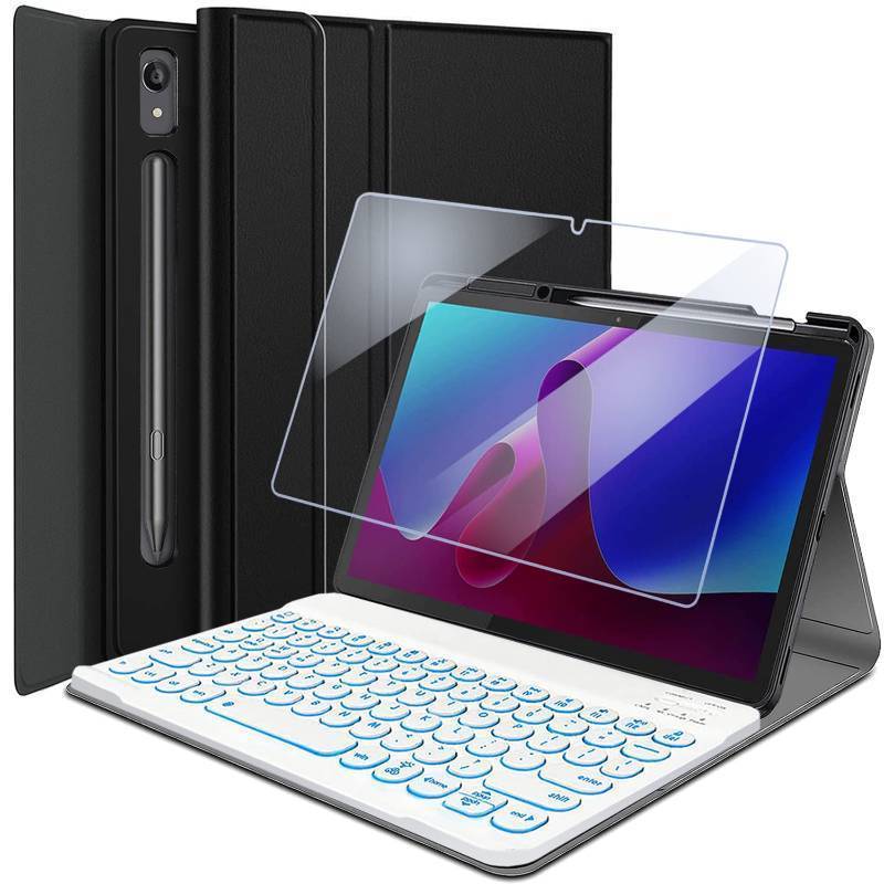 lot 25885 image: Backlit Keyboard Case for Lenovo Tab P11 Pro Gen 2 11.2 2022 (TB132FU) with Screen Protector, 7 Colors Light Detachable Wireless Keyboard Slim Stand Cover with Tempered Glass Screen Protector - Retail $37