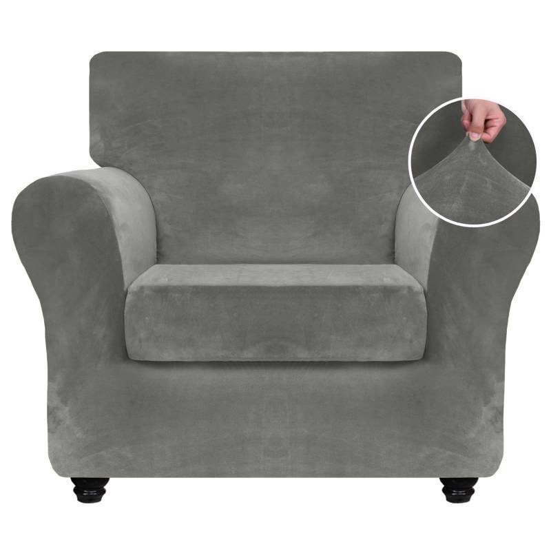 lot 44627 image: Luxury Velvet Chair Slipcovers with Arms 2 Piece Stretch Chair Covers for Living Room Thick Soft Armchair Slipcover Anti Slip Dog Pet Friendly Furniture Protector (Grey),30-47(1 Cushion) - Retail $27