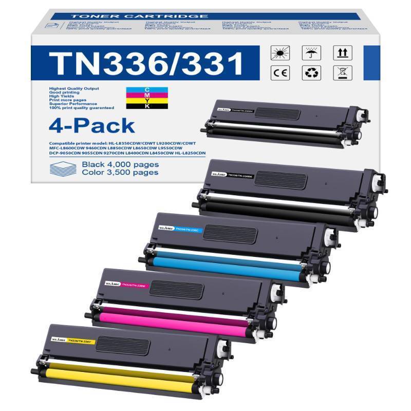 lot 44644 image: TN336 Toner Cartridge High Yield Compatible Replacement for Brother TN-336 TN331 for Use with Brother HL-L8350CDW HL-4150CDN MFC-L8850CDW Printer (1BK,1C,1M,1Y, 4 Pack) Black and Blue Opened. - Retail $54