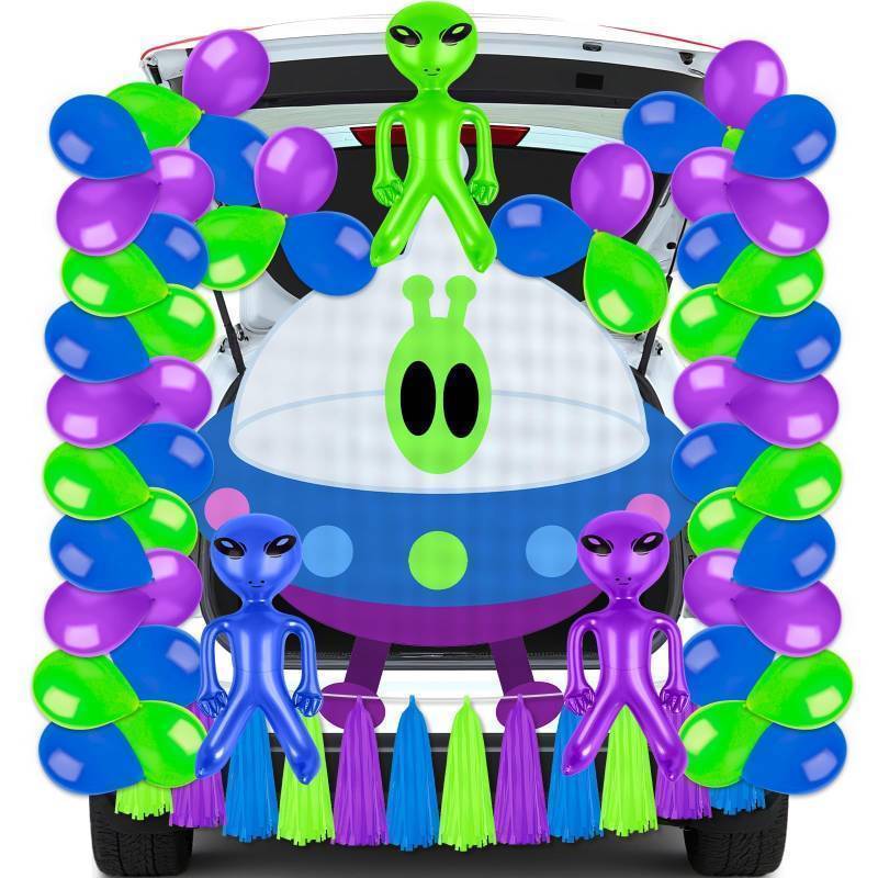 lot 54918 image: Halloween Aliens Car Decorations Kit Aliens Trunk or Treat Car Decorations for SUV Car Backdrop Haunted Banner Halloween Car Trunk Decoration Party Supplies (missing spaceship balloon) - Retail $7