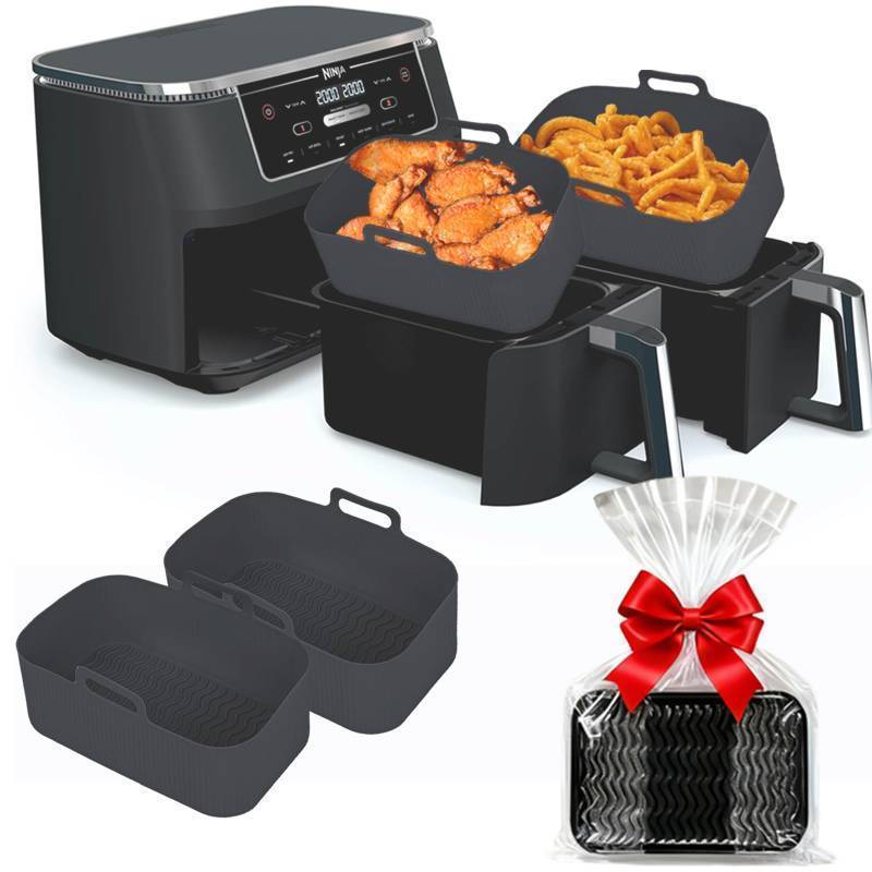 lot 54926 image: Silicone Air Fryer Liners for Ninja - Reusable DZ201 8QT Dual Basket - Rectangular 2-Pack Vacuum-Packed Easy-Clean Dishwasher-Safe Food-Safe for Home Chefs - Housewarming Gifts - Retail $14