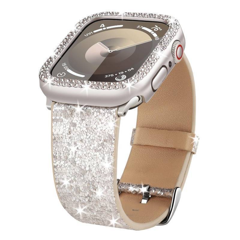lot 54945 image: Compatible For Apple Watch Band with Bling Diamond Case 38mm 40mm 41mm 42mm 44mm 45mm 46mm 49mm, Women Glitter Leather Bands  Protective Case For iWatch Series 10 9 Ultra SE 8 7 6 5 4 3 2 1(Starlight, 42mm Series 10) - Retail $12