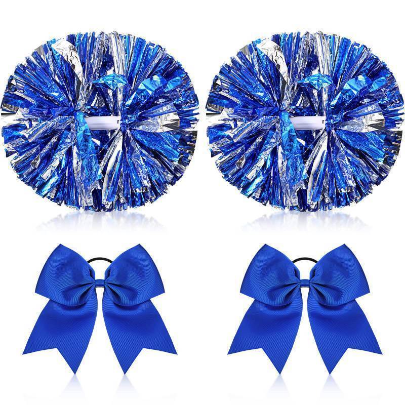 lot 54982 image: 4 Pcs Cheerleading Pom Poms with Baton Handle and Cheerleader Hair Bows, 14 Inch Metallic Cheer Supplies for School Team Spirit Sports Dance Cheering(Blue) - Retail $14
