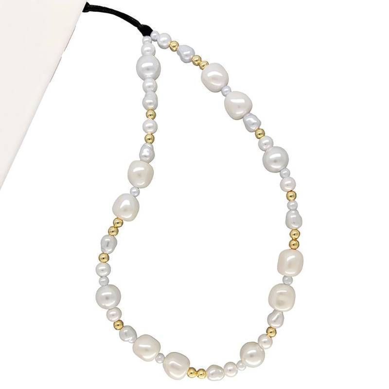 lot 54995 image: Beaded Phone Charm Y2K Kawaii Handmade Acrylic Phone Lanyard Wrist Strap for Camera Bag Airpods Keychain Charm Gold and White Pearls - Retail $8