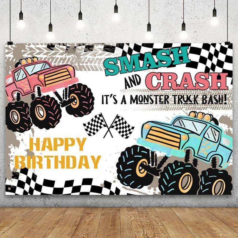 lot 55351 image: Truck Racing Theme Happy Birthday Backdrop 5x3ft Smash and Crash Its a Monster Truck Bash Photography Background Boy Kids Birthday Party Banner Cake Table Decor Portraits Photoshoot - Retail $11