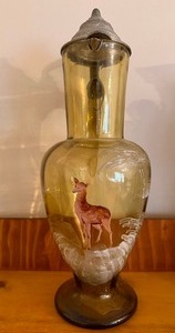 lot 100 image: Rare Antique German Tankard, Smokey Amber Blown Glass, Hand Painted, Pewter Lid, Pontil Mark on Bottom Dates the Piece