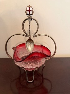 lot 107 image: Antique Cranberry Glass Relish Dish w Silverplate Stand