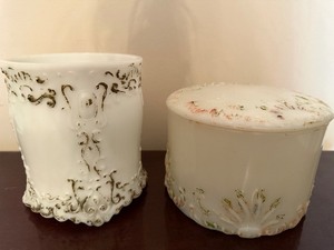 lot 125 image: Milk Glass w Hand Painted Floral Design - Fostoria Opal Glass (one has lid), Please Read Description