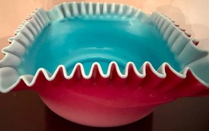 lot 127 image: Vintage Fenton, Milk Glass Aqua Blue Crest Ruffled Bowl, Read Description