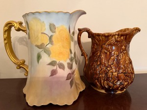 lot 132 image: Antique Haviland Lamoges Hand Painted and Bennington Pitchers