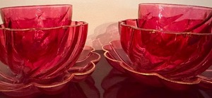 lot 138 image: Vintage Cranberry Glass Fingerbowls, Relish Dishes and Glasses, 2 of Each