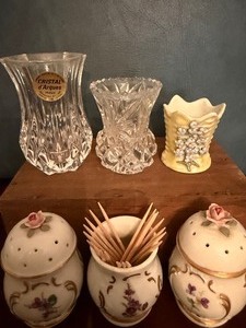 lot 150 image: Vintage Glass Toothpick Holders (3) and a Set of SP Shakers w Toothpick Holder