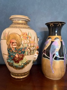 lot 151 image: Vintage Satsuma Style Vase (has been repaired) and Hand Painted Bird Vase