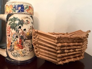 lot 155 image: Vintage Hand Painted Mug and Bamboo Trays
