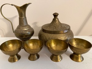 lot 160 image: Brass Pieces, Small Pitcher, Lidded Bowl and Drinking Vessels