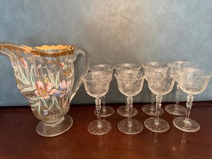 lot 200 image: Vintage Pitcher, Possibly Fenton and Some Stemware