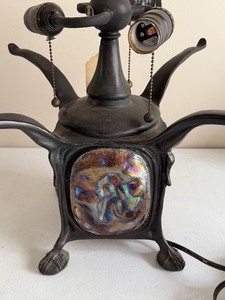 lot 229 image: Tiffany Style Quoizel Metal Lamp Base w Glass Turtle-Back Accents