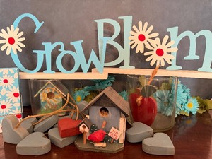 lot 241 image: Grow and Bloom Signs, Large Paperclip, Wood BirdhousesHeartsApple and (2) Vases