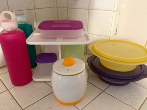 lot 243 image: Glass Re-Usable Bottles, Misc Tupperware and an Egg-Tastic Ceramic Cooker