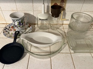 lot 244 image: Misc Kitchen Items, Small Cast Iron Pan, Cup and Saucer, Pampered Chef Mini-Whipper and MORE