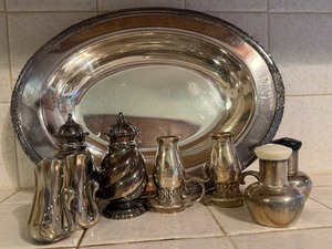 lot 247 image: Vintage Silver Plate Platter w Salt and Pepper Shakers (LantersSwans and More)