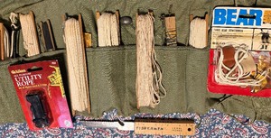 lot 259 image: Fishing Strings w Hooks, Vintage Knife, Utility Rope and Bonus Bear Bowstringer