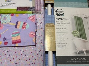 lot 305 image: Shower Curtain Set, Grab Bar and Hoop Shower Rod, All New