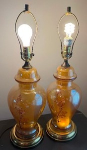 lot 351 image: MCM Pair of Amber Glass 2- Tone Table Lamps - Bottom Lights Work