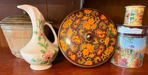 lot 357 image: Vintage Covered Pot, Hull Pitcher, Tins and Stamp Holder