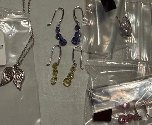 lot 369 image: Jewelry - Wing Pendant on Chain and Birthstone Earrings (4) - All New