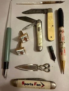 lot 374 image: Pocket Knives, Bookmark, Cuff Links, Calligraphy Pens and Sylvania Mechanical Pencil and Flash Calculator