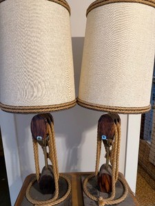 lot 400 image: MCM Wooden Pulley Lamps w Shades