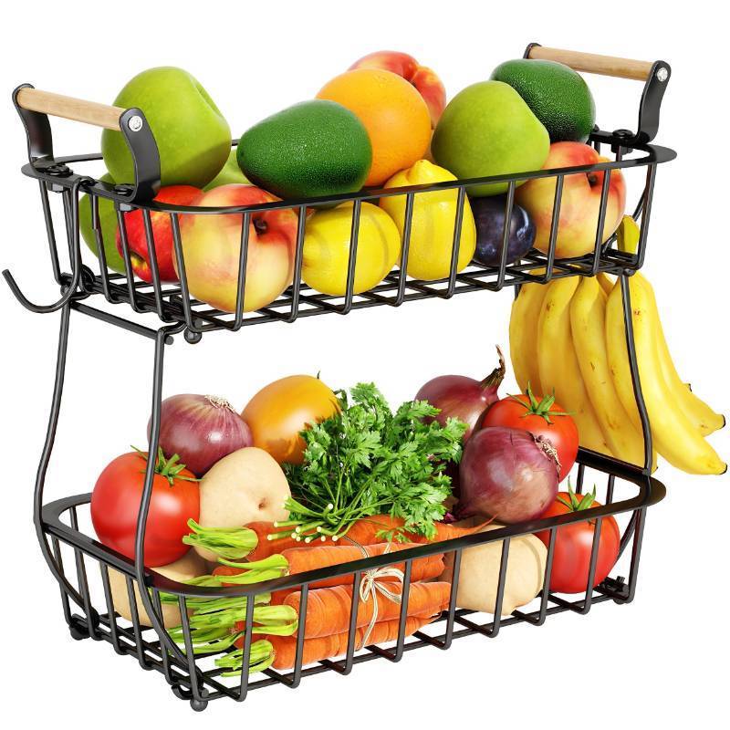 lot 1439 image: Alebew 2 Tier Fruit Basket Bowl with 2 Banana Hangers for Kitchen Counter, Countertop Fruit Storage Produce Basket Metal Vegetable Holder Stand Organizer for Bread Snack Veggies Potato, Black