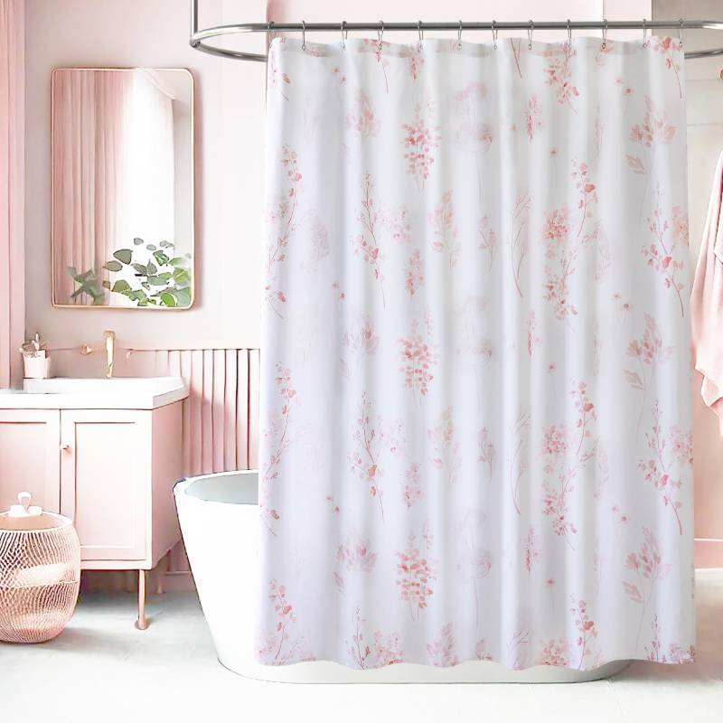 lot 1838 image: Pink Cute Floral Shower Curtain for Dorm Bathroom - Waterproof Fabric Pretty Light Pastel Coquette Boho French Country Flower Shower Curtains for Teen Girls Women with Hooks 72x72