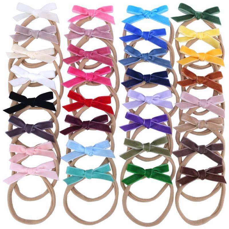 lot 2372 image: Sugarmelon Velvet Bow Soft Stretchy Headbands for Newborn Infant Toddlers Hair Bow Elastic Bands Baby Girls Nylon Hairband (2.75 Mini 32 PCS)