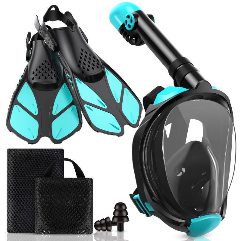 lot 2534 image: Viginsul Mask Fins Snorkeling Gear for Adults, Full Face Snorkel Mask & Adjustable Swim Fins Snorkel Set, Panoramic View Snorkel Mask Dry Top Anti-Fog Anti-Leak