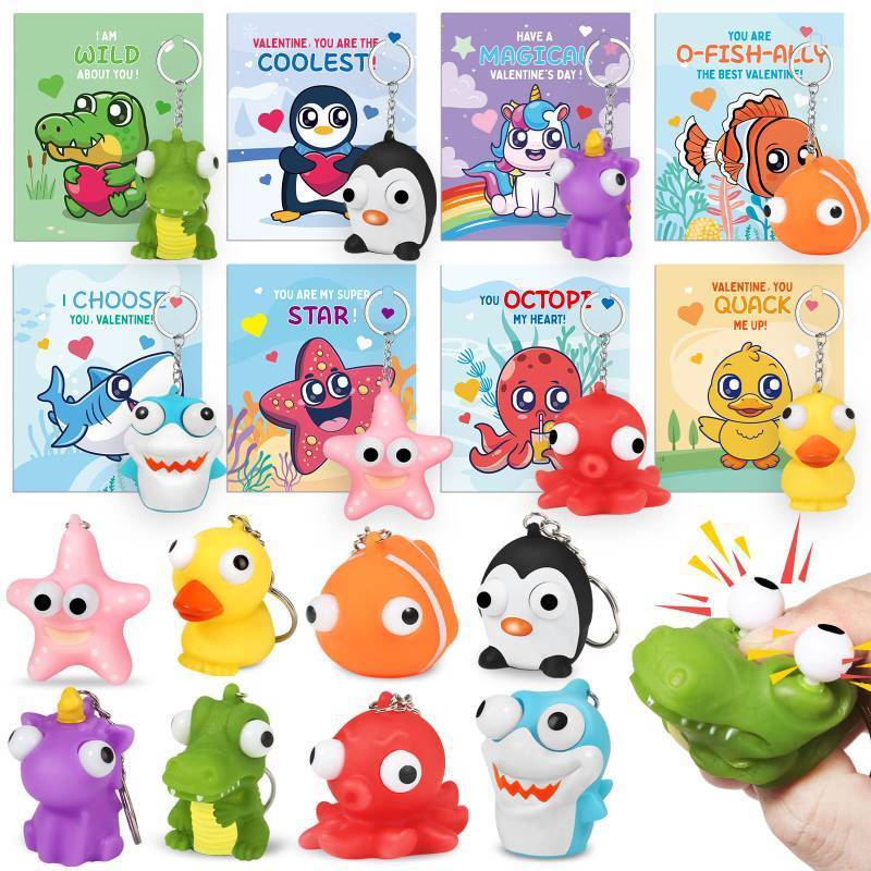 lot 2615 image: 24 Pack Valentines Day Cards with Animal Popping Eyes Keychains for Kids School Classroom, Valentines Gifts for School Exchange, Squeeze Animals with Popping Eyes Keychains Bulk for Party Favors