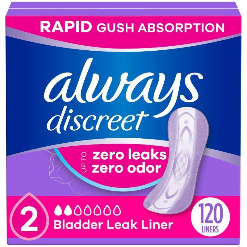 lot 2703 image: Always Discreet Incontinence Panty Liners for Bladder Leaks, Size 2, Very Light Absorbency, 120 Count