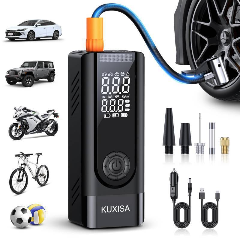 lot 3092 image: KUXISA Tire Inflator Portable Air Compressor, 180PSI Air Compressor with Digital Pressure Gauge, 3X Faster Portable Air Pump for Car, Motorcycle, Bicycle, Ball and More(Black)
