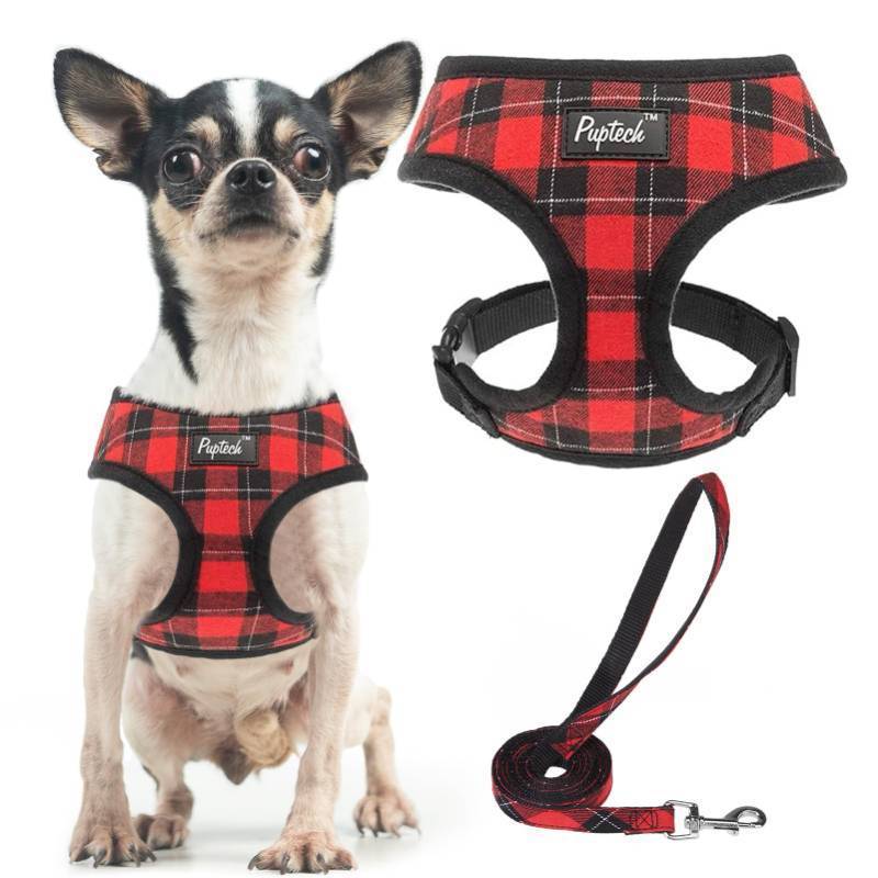 lot 3138 image: PUPTECK Soft Mesh Dog Harness and Leash Set Pet Puppy Cat Comfort Padded Vest No Pull Harnesses, Red&Black, XS