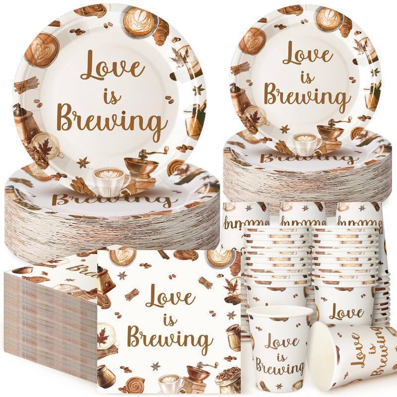 lot 3429 image: Zhehao 200 Pcs Bridal Shower Plates Napkins Sets Love is Brewing Coffee Bridal Shower Decoration Wedding Shower Decorations Wedding Paper Plates Engagement Bachelorette Supplies, Serve 50