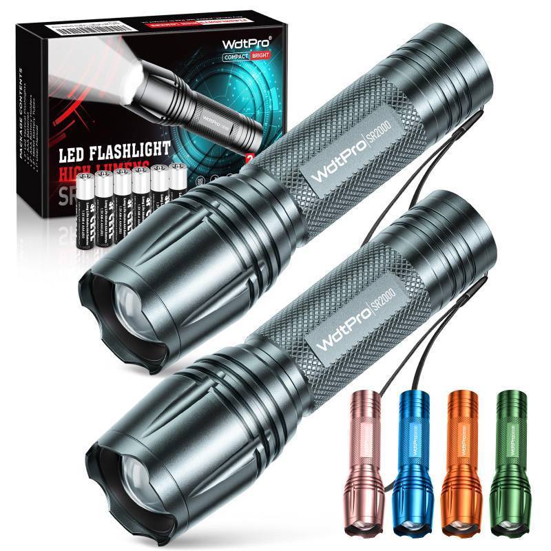lot 3474 image: WdtPro LED Flashlight High Lumens SR2000 Pro, 2 Pack Brighter Tactical Flashlights with 5 Modes & Zoomable, Powerful Mini Flash Light for Emergency, Camping, Hiking (Grey) - Retail $10