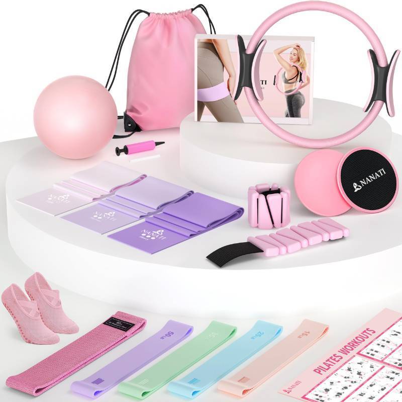 lot 3556 image: NANATI Pilates Kit 19PCS,Pilates Essentials Kit for Women,Pilates Equipment with 14.5 Pilates Ring and Ball,8 Resistance Bands,Ankle Weights,Sliders & Grip Socks Accessories for Starter Home Workouts - Retail $46