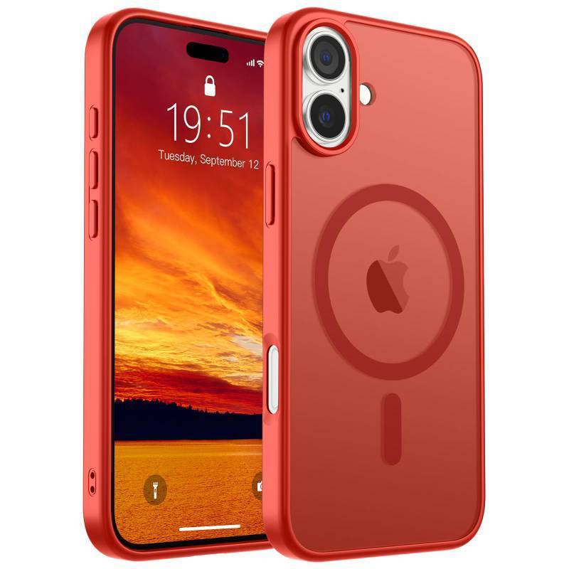lot 3684 image: SUPFINE Magnetic for iPhone 16 Case (Compatible with MagSafe) (Military Grade Drop Protection) Slim Translucent Matte Shockproof Phone Cover,Red - Retail $14